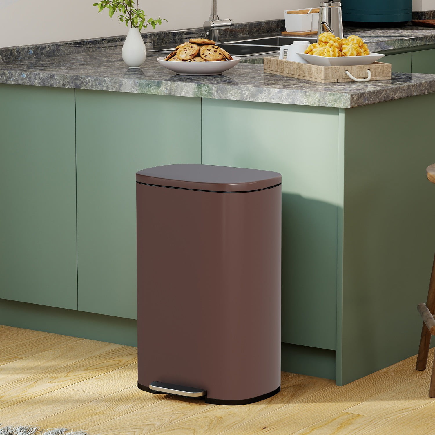 FASCK 13 Gallon/50 L Garbage Can Kitchen Trash Can with Lid for Office Bedroom Bathroom Step Trash Bin Fingerprint-Proof Brushed Stainless Steel 13 Gallon / 50 Liter,Brown