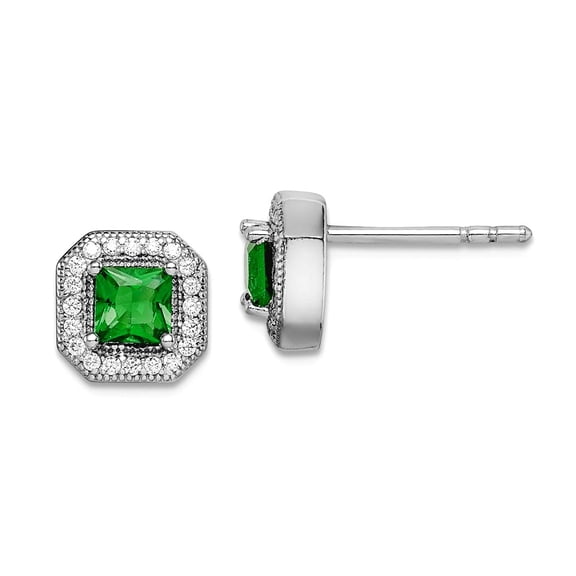 925 Sterling Silver Rhodium Plated Green and Clear Cubic Zirconia Post Earrings 8.17x8.17mm W Stud Earring for Women