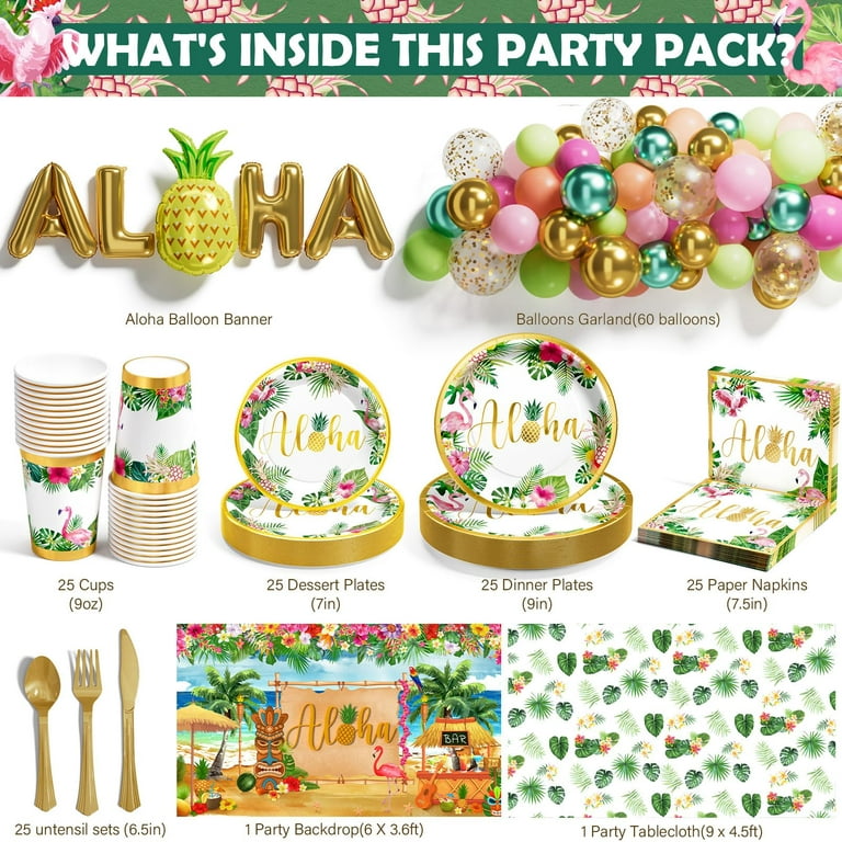 Ecomore Hawaiian Luau Birthday CI30 Party Supplies, 246PCS Disposable  Guest) & Tropical Decoration Aloha Summer Beach Paper Plate Cup Napkin  Cutlery Tablecloth Backdrop Balloon Garland(Gold) 