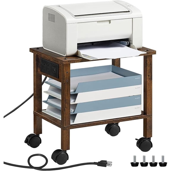 Under Desk Printer Stand with Charging Station, 2 Tier Wooden Small Printer Table with Storage, Rolling Printer Cart Shelf with Lockable Wheels for Home, Office (Brown)