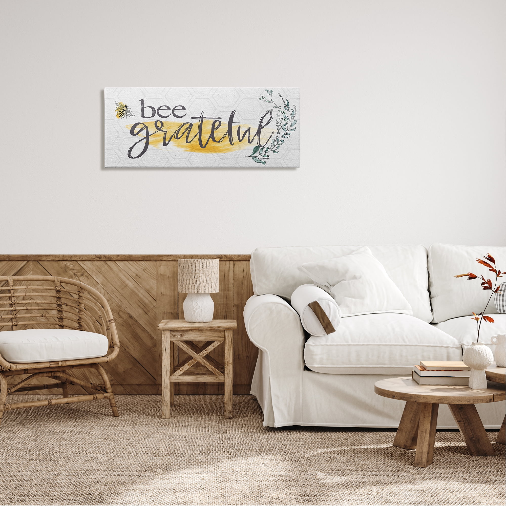 Stupell Industries Bee Grateful Herb Phrase Botanical & Floral Painting Gallery Wrapped Canvas Print Wall Art, 40 x 17