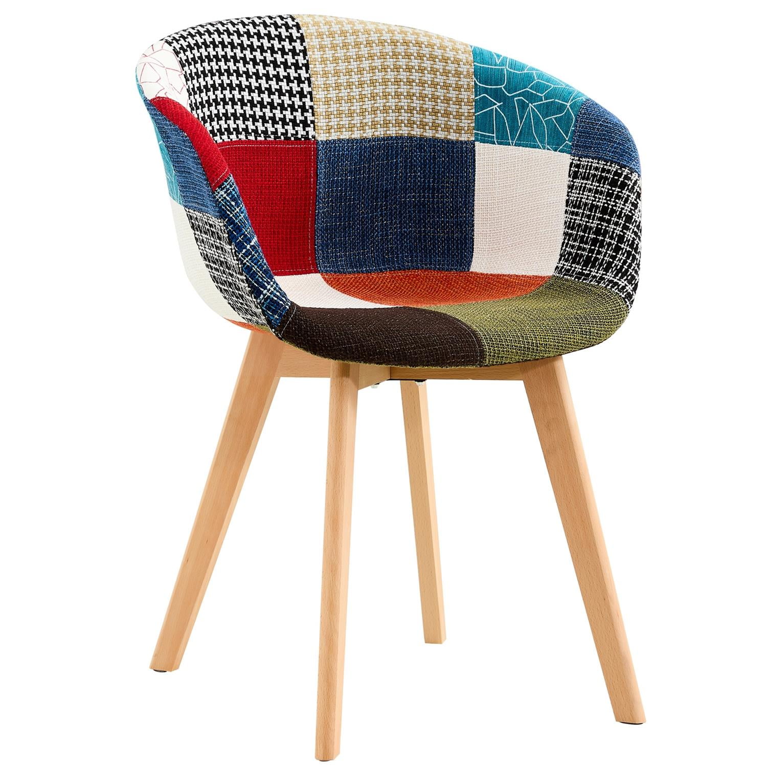 Resenkos Set for 2 Modern Patchwork Upholstered Dining Chairs, Club Guest Accent Arm Chair with Wood Legs, Multicolor Fabric