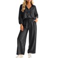 thumbnail image 2 of BRELIL Women's Two Piece Outfits Sets Collared Long Sleeve Shirt Wide Leg Pants Casual Lounge Matching Set Solid Boho Vacation Travel Tracksuit, Dark Gray M, 2 of 6