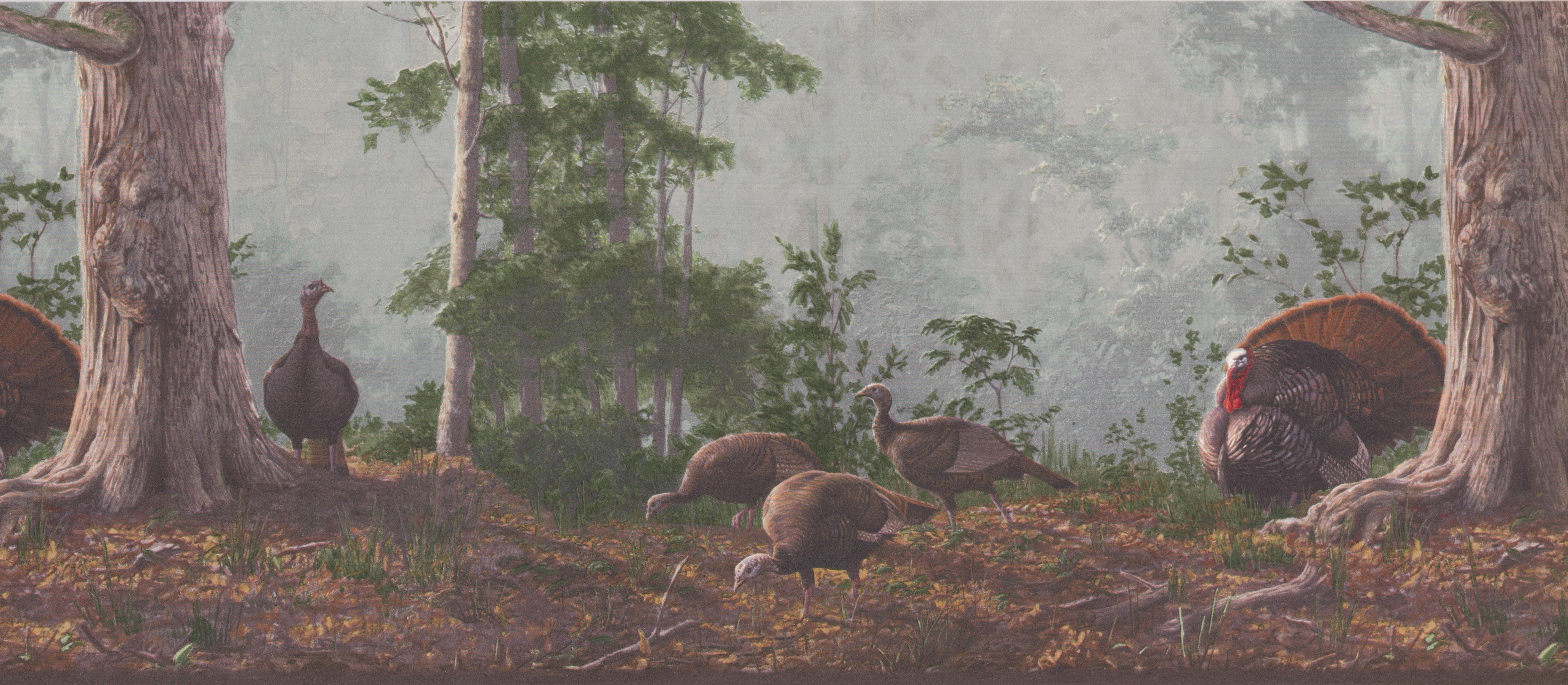 Turkeys in the Forest Brown Green Nature Wide Wallpaper Border Retro Design Roll 15 x 10.5