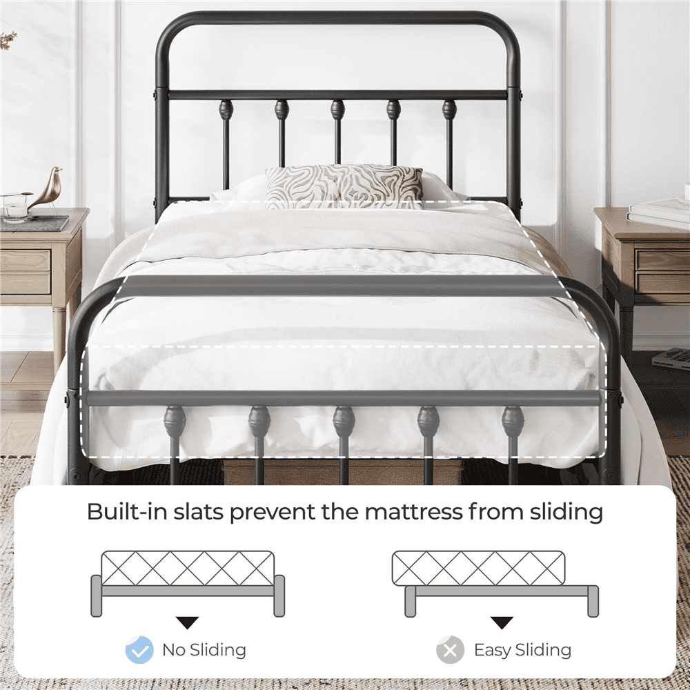 Fullfurnique Lit de plateforme métallique avec tête et pied de lit hauts pour adultes, Twin, Noir