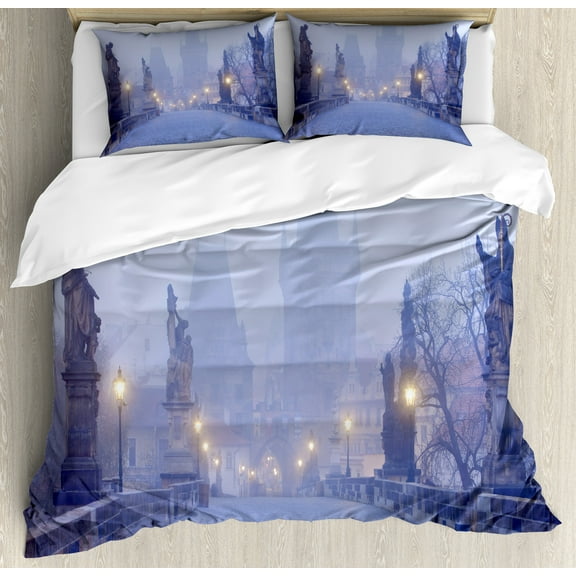 Urban Duvet Cover Set, Czech Republic Prague Streets in Foggy Morning on Old Bridge, Decorative 3 Piece Bedding Set with 2 Pillow Shams, King Size, Purplegrey, by Ambesonne