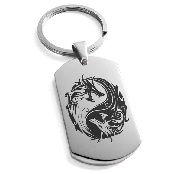 Tioneer Stainless Steel Tribal Dragon Yin Yang Engraved Dog Tag Keychain Keyring