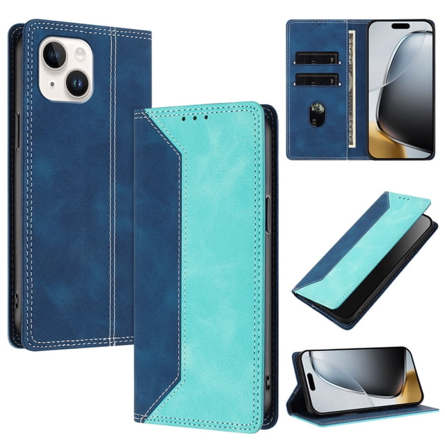 Funda FOXDOCK para iPhone 13 de Cuero Premium Bicolor con Ranuras RFID, Carcasa Tipo Billetera Antigolpes y Soporte Plegable