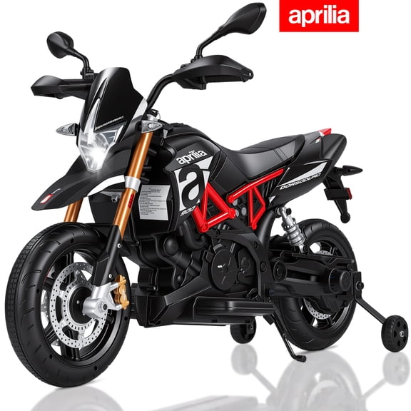 Licensed Aprilia Ride On Motorcycle for Kids, Wisairt 12V Electric Motorbike with Detachable Training Wheels, Key Start, LED Lights, Music, Spring Suspension, Toy Motorcycle for Boys Girls Ages 3-6
