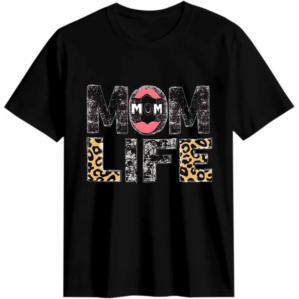 Women's T Shirts Short Sleeve Graphic Tees Mom Life Leopard Pattern Casual Crew Neck T-Shirt for Women/Teen Girls