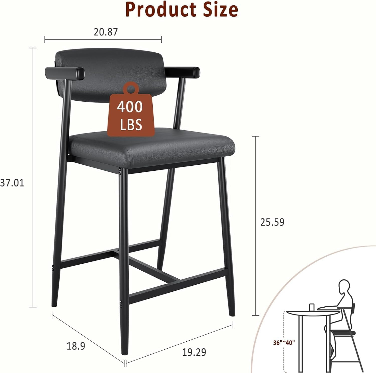 Modern Set of 4 Black Leather Counter Height Bar Stools with Arms & Back, Wide Upholstered Seat, Metal Frame & Footrest – Easy Assembly, Kitchen Island, 4pcs per Package, Black Leather