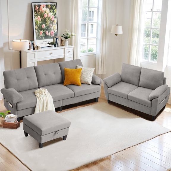 Soscana 2 Piece Living Room Furniture Set,Modern Linen Small L Shaped Couch Sectional Sofa with Storage Ottoman and Loveseat for Living Room, Office, Apartment