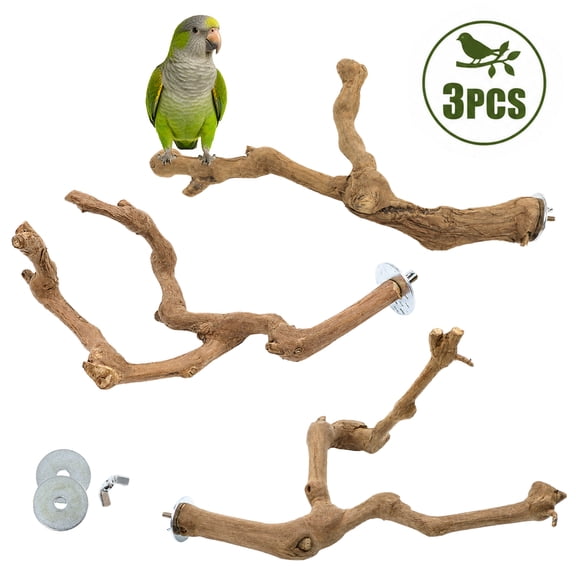 Wooden Bird Perches, 3PCS Natural Grape Stick Parrot Stand Pole with Fork, Paw Grinding Branch Cage Accessories for Small Medium Parrots