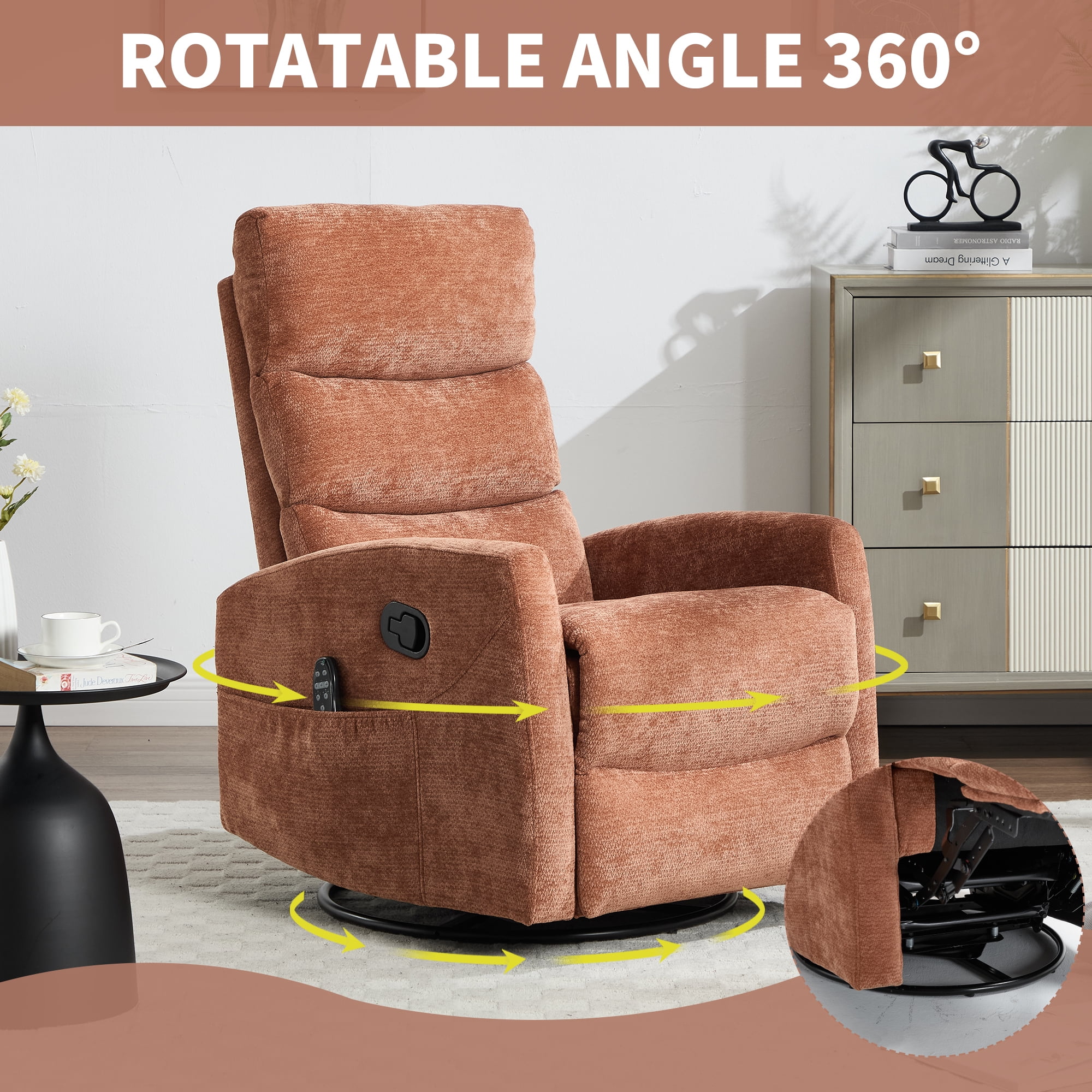 Leumius Swivel Recliner Chair,360° Glider Rocking Chair with Massage and Heating,Soft Chenille Small Manual Recliner for Nursery Home Theater,Orange(Chenille)