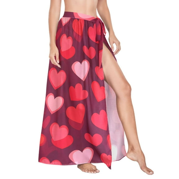 Women Sarong Wraps Red Heart Pattern Swimsuit Beach Pareo Bikini Coverups Skirt M