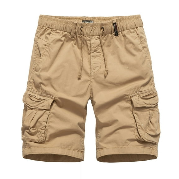 Huesdet Mens Casual Cargo Shorts - Cotton Drawstring Stretch Summer Beach Shorts Twill Chino Short with Pockets(Khaki,32)