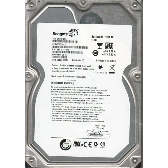 ST31000528AS, 9VP, TK, PN 9SL154-303, FW CC46, Seagate 1TB SATA 3.5 Hard Drive
