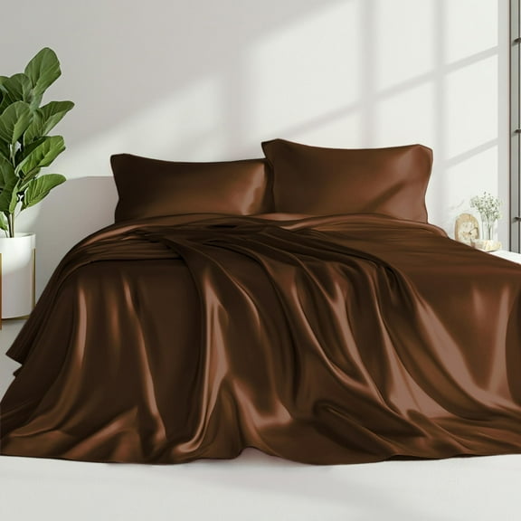 4 Piece King Size Satin Sheet Set Brown Deep Pocket 14" Wrinkle Resistant Cooling