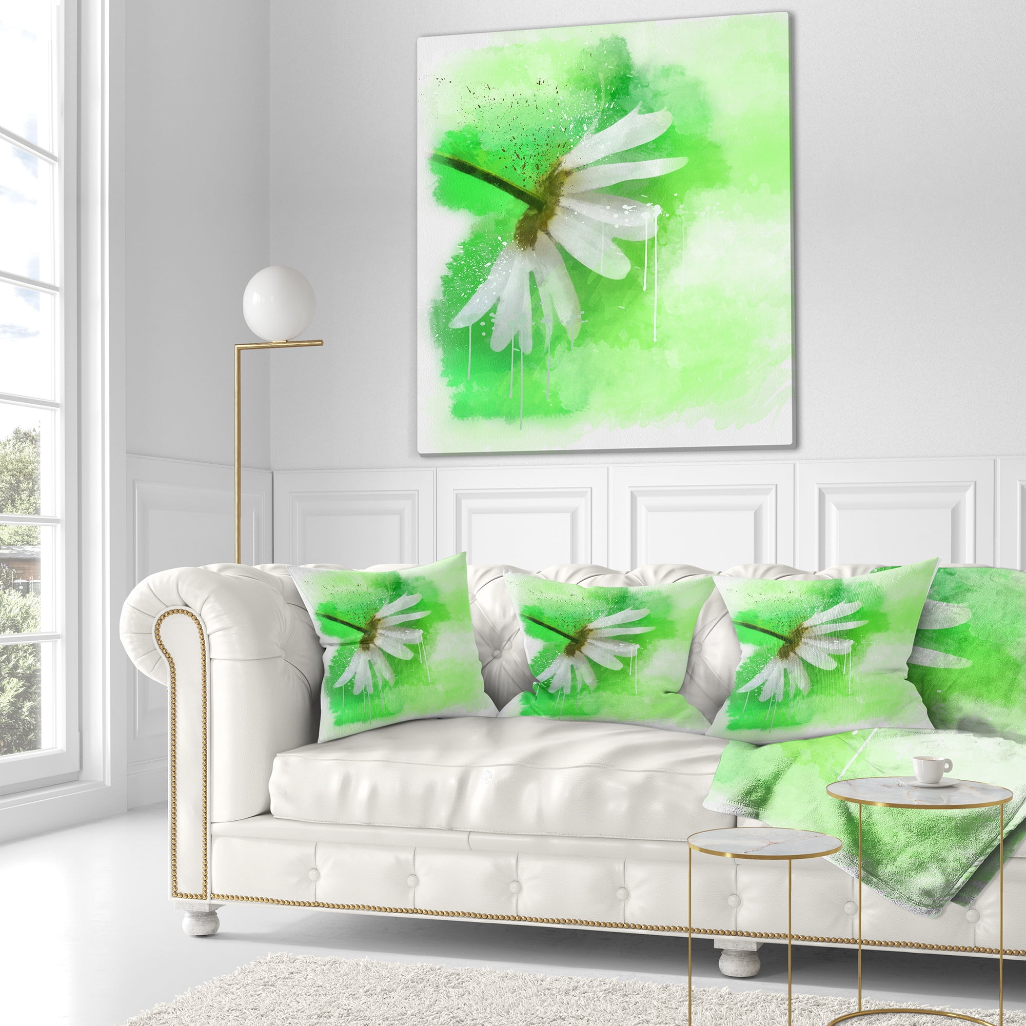 Designart White Chamomile with Green Splashes - Floral Throw Pillow - 16x16