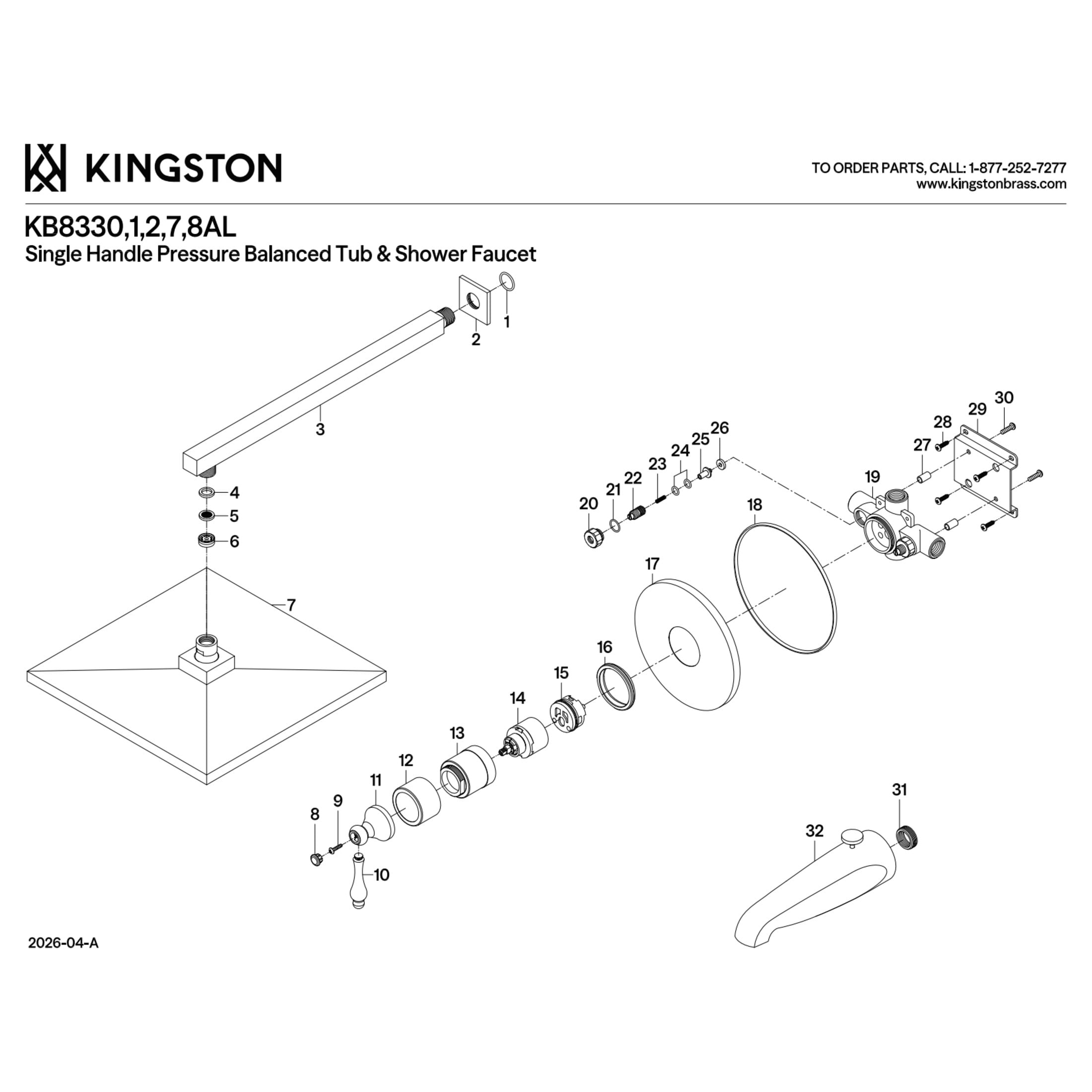 Kingston KB8330AL Restoration Single-Handle Pressure Balanced Tub and Shower Faucet, Matte Black