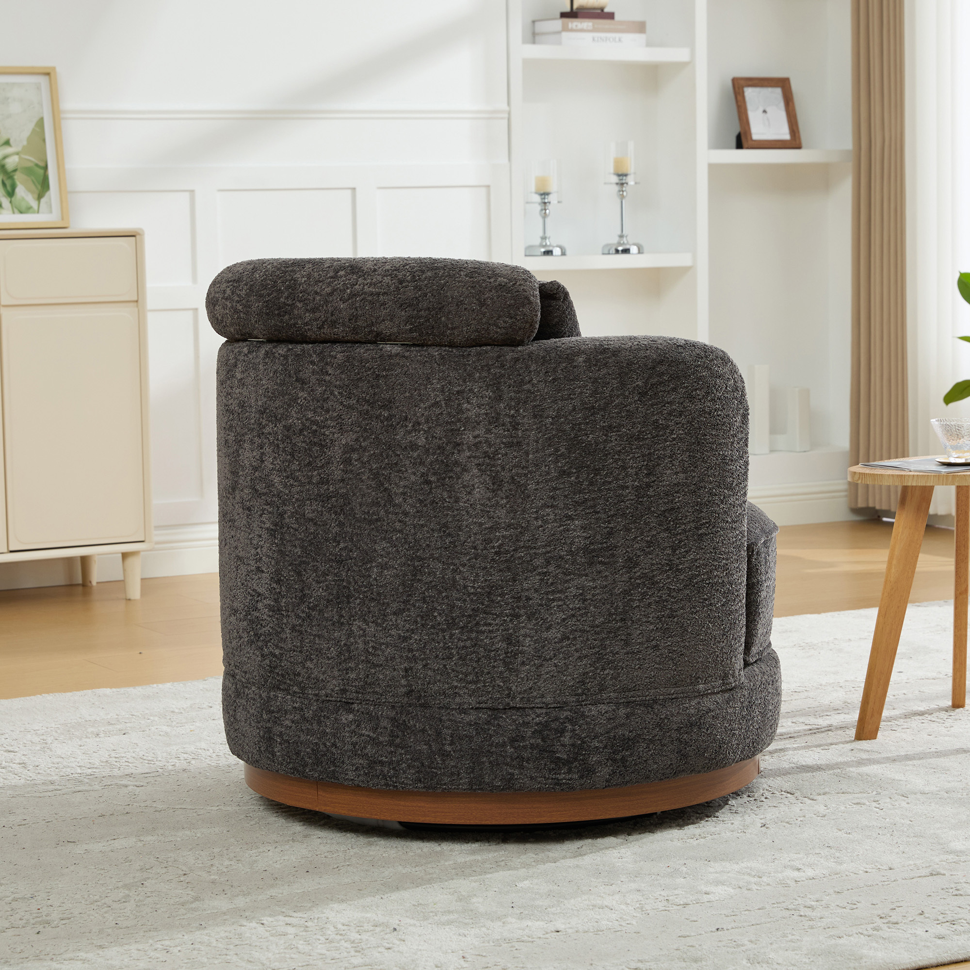 Leumius 360°Swivel Barrel Chair with 1 Plump Pillow and a Circular Wooden Base Ring, Round Chair with Removable Cushion for Living Room Bedroom Apartment,Charcoal