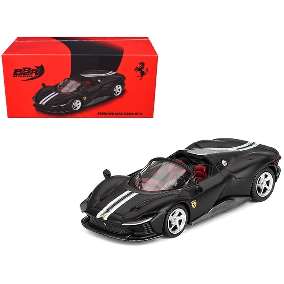 Ferrari Daytona SP3 Matt Black with White Stripes and Red Interior 1/64 Diecast Model by American Diorama
