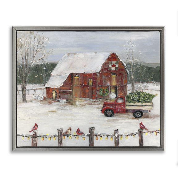 Stupell Industries Rustic Lodge Holiday Barn Winter Scene Gray Floating Frame Canvas Art, 31 x 25, by Sally Swatland