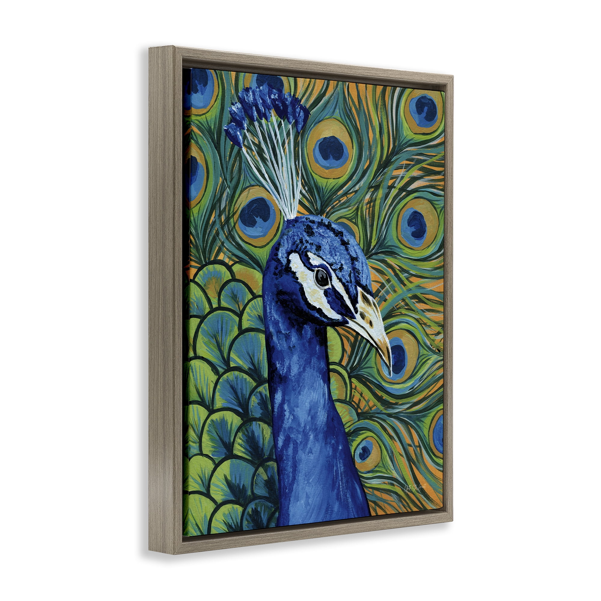 Stupell Industries Bold Peacock Feathers Pattern Animals & Insects Painting Brown Floater Framed Canvas Art Print Wall Art, 25 x 31