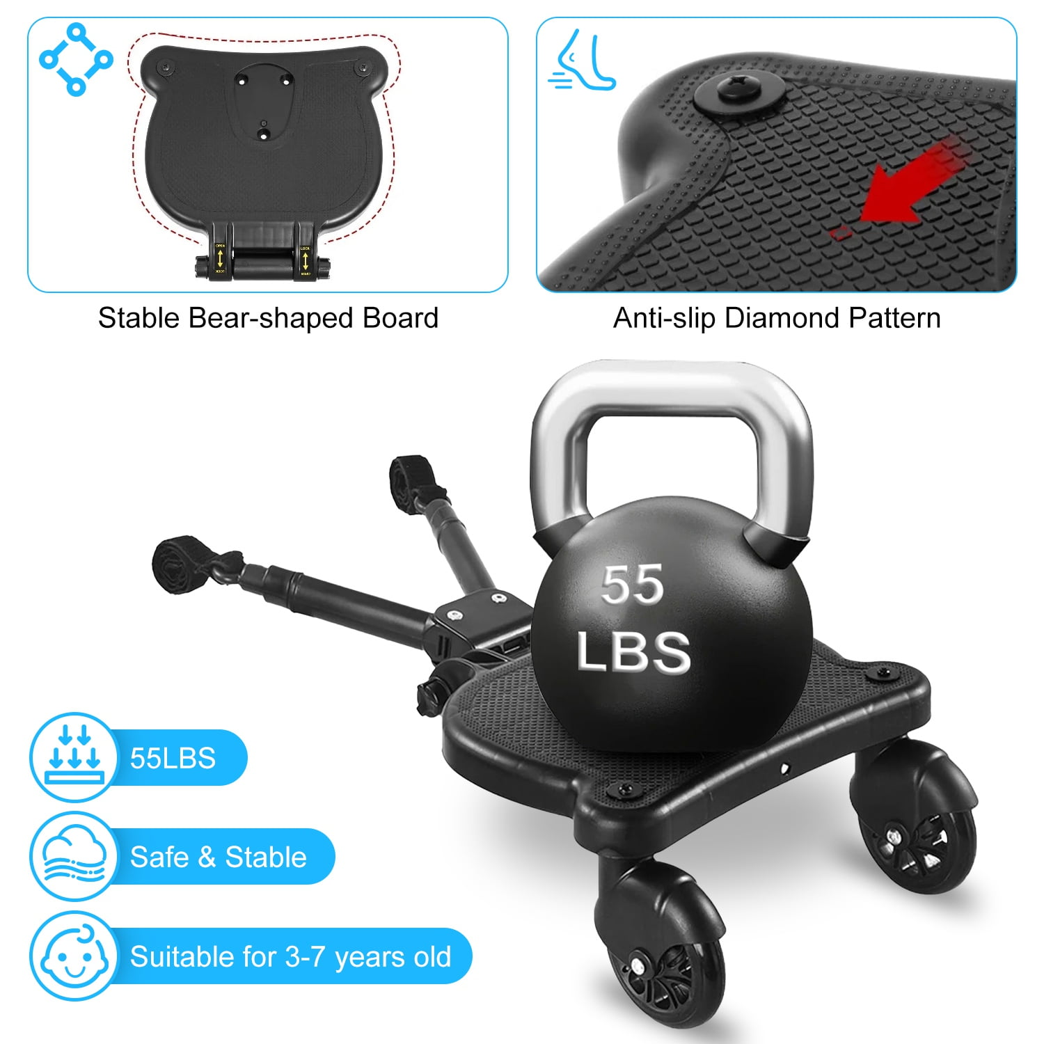 Teqhome Universal Stroller Board with Detachable Seat 2 in 1 Sit and Stand Stroller Glider Board for Most Strollers Holds Children Up to 55 LBs Stroller Standing Board (Black)