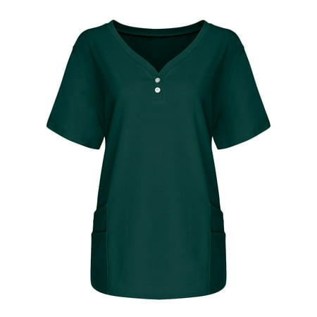 

Yyeselk Scrub Tops for Women Working Uniform T-Shirt Solid Color Short Sleeve Buttons V-Neck Tops with Pockets Nurse Nursing Blouses Tee Shirts T-Shirts Tshirt(Green L)