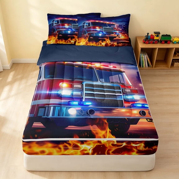 Erosebridal Fire Truck Zipper Twin Comforter Sets with Fitted Sheet and 2 Pillowcases, Night Scene Zipper Bedding Set, Dramatic Night, Navy Reversible