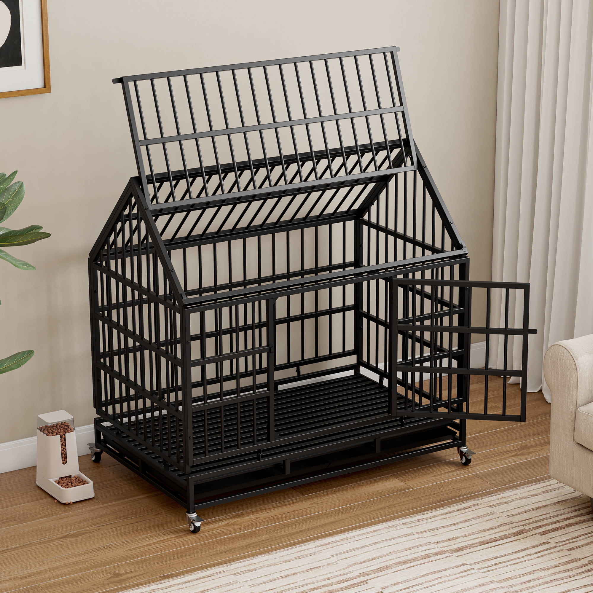 Pefilos 48" Heavy Duty Dog Cage with Wheels, Folding Metal Kennel and Crate for Medium and Large Dogs, Pet Playpen with Pointed Roof and Removable Tray, Black