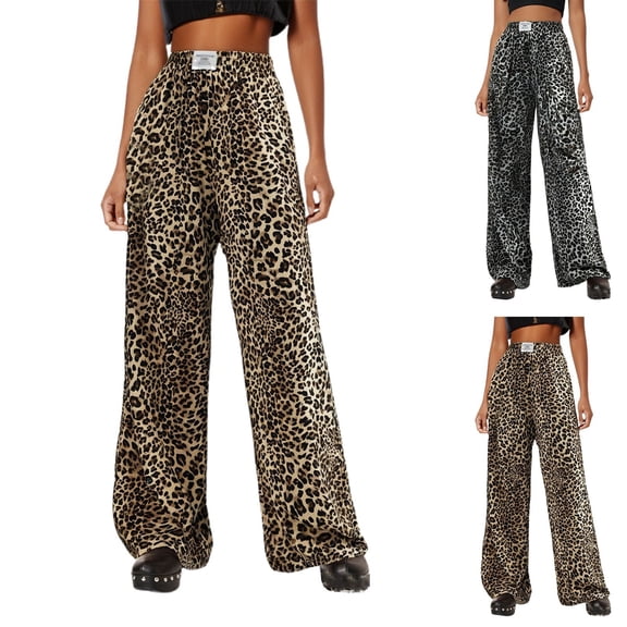 KDFJPTH Women's Leopard Print Wide Leg Pants Elastic Waist Casual Streetwear Trousers with Loose Fit Coffee L