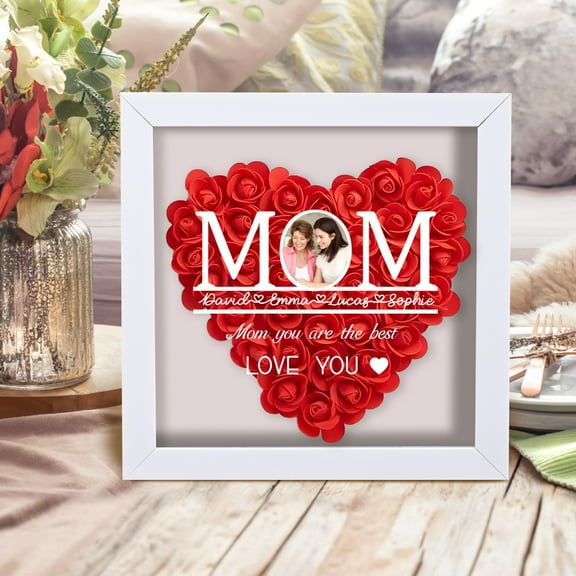 Gresahom Gift for Mom, Personalized Photo Heart Shape Flower Shadow Box, Custom Names Preserved Flowers Gifts for Mother’s Day Birthday, Shadow Box Frame Display Cases Transparent Window Door