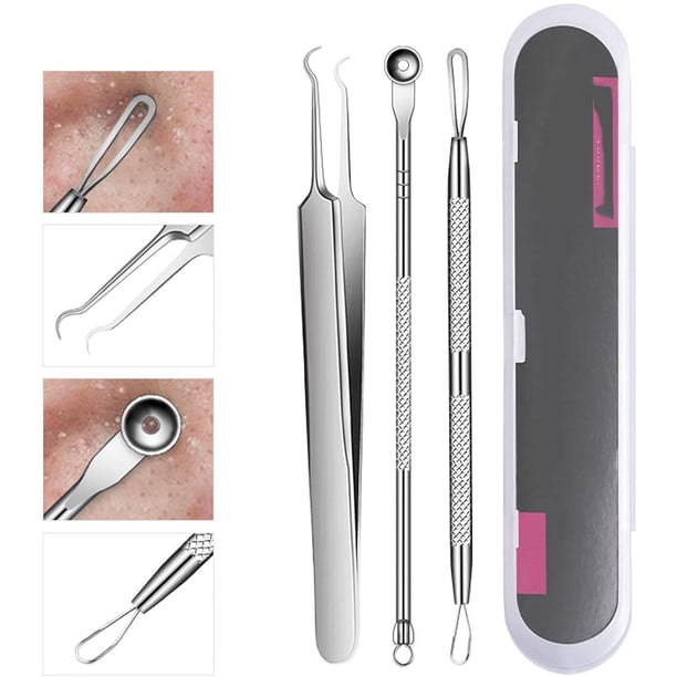 Herramientas para eliminar puntos negros y acné, 3 piezas, kit de herramientas para quitar espinillas y comedones, extractor de pinzas de acero inoxidable profesional, juego de herramientas plateadas