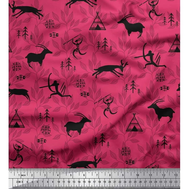 Soimoi Poly Georgette Fabric Reindeer,Tent & Human African Print Fabric by the Yard 42 Inch Wide