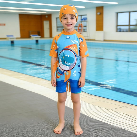 MAIHAN One Piece Swimsuit,Boys Dinosaur Swimsuit with Hood|Rash Guard Sun Protection Swimwear for Kids|SwimSuits for Pool, Beach, Water Park(Light Blue1,4-5 Years)