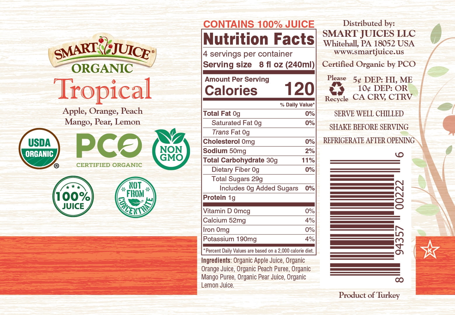 Smart Juice Organic Tropical Juice - 100% Juice, Not From Concentrate - 33.8 fl oz (1L) - (Pack of 6)