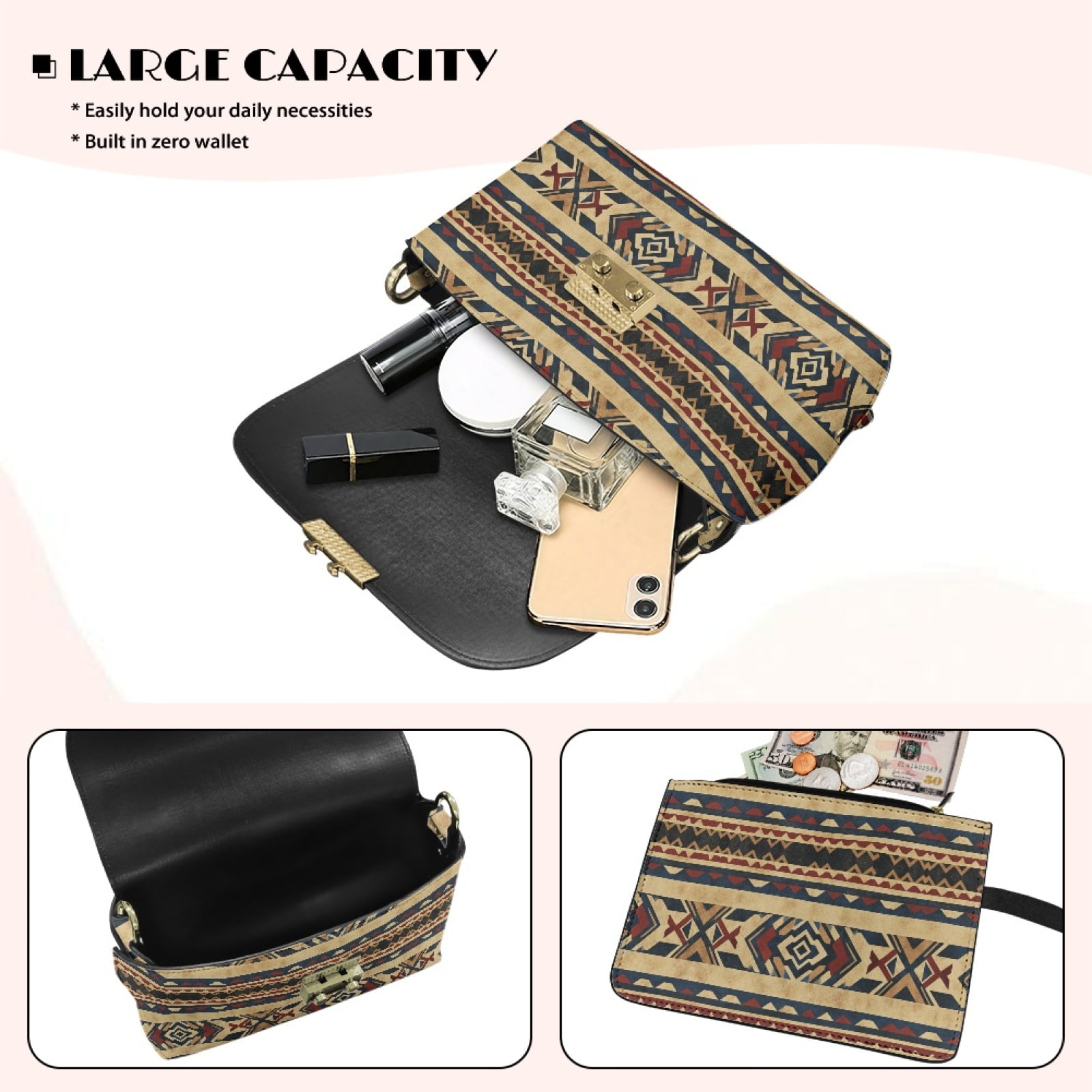 SCRAWLGOD American Tribal Print Khaki Red PU Leather Crossbody Bags for Women, Crossbody Purse with Detachable Strap Zipped Pockets, Handbag Shoulder Bag
