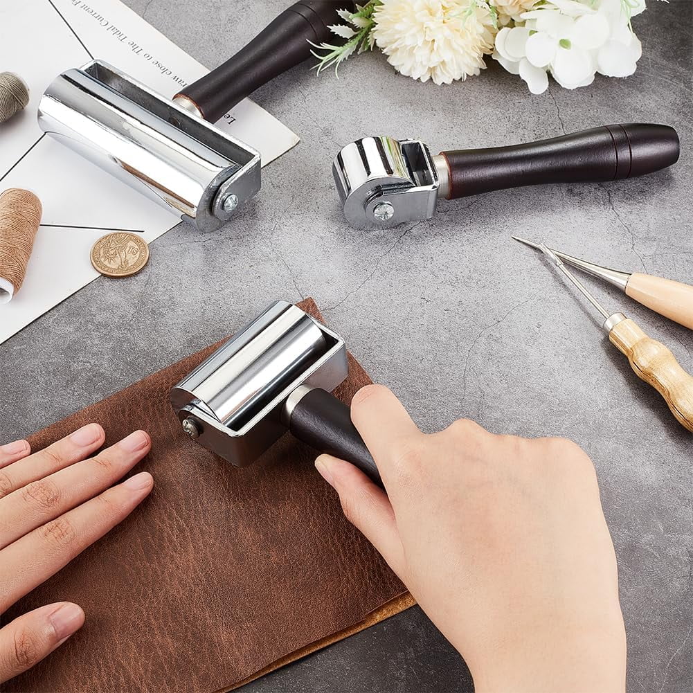 3 Pcs 3.9/2.4/1.1 Inch Leather Press Edge Roller Wooden Handle Leather Roller Leather Glue Laminating Roller Heavy Duty Leather Press Seam Roller Assortment Kit for Leather Craft DIY Silver DIY
