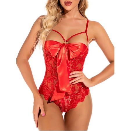 Yolossia Womens Bowknot Lace Bodysuit Lingerie Crotchless Babydoll Nightwear Sleepwear
