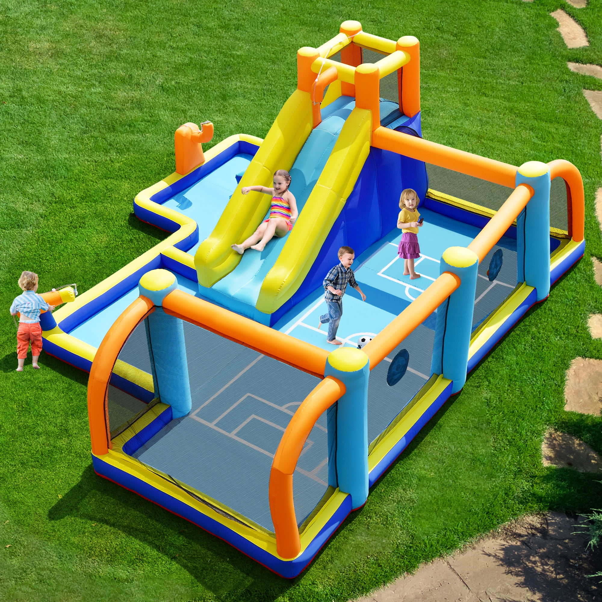 Gymax Inflatable Water Slide 7-in-1 Giant Kids Wet Dry Bounce House w/ 735W Blower