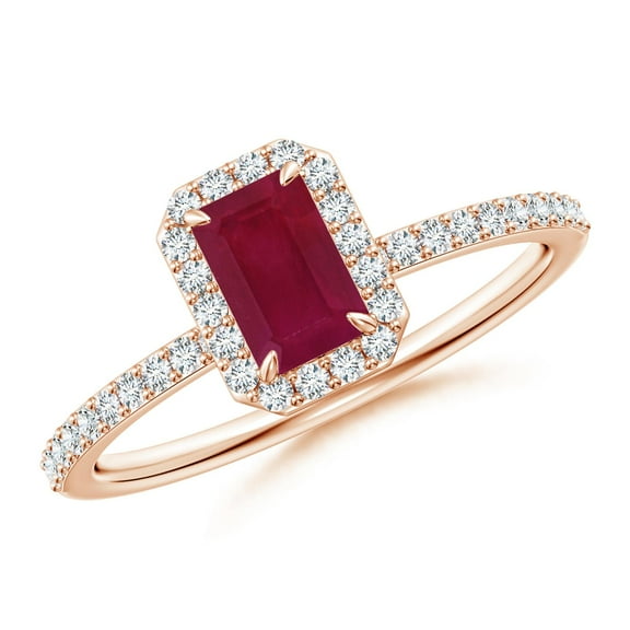 ANGARA Natural Emerald-Cut Ruby Halo Engagement Ring in 14K Rose Gold for Women (Size-6x4mm) | July Birthstone, Birthday, Anniversary, Jewelry Gift for Women | Natural Ruby Ring