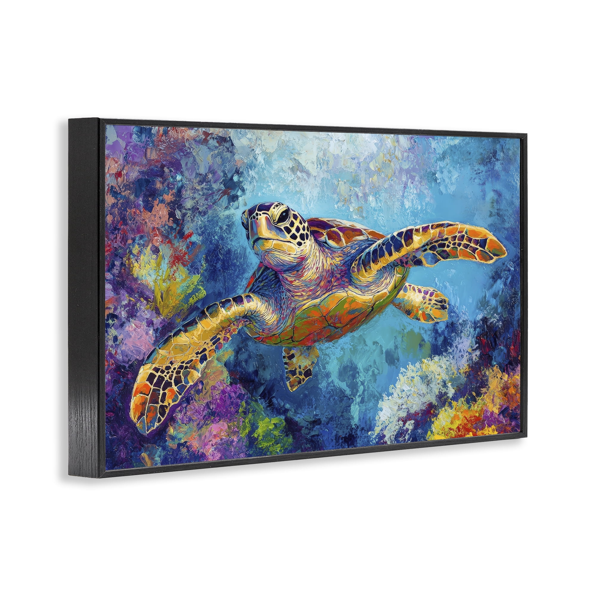 Stupell Industries Colorful Sea Turtle over Coral Black Framed Giclee Art, design by Petal Prints Design