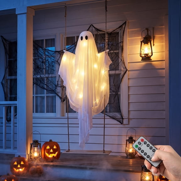 Costway 5Ft Light-up Halloween Ghost with LED String Lights Remote Control 8 Modes for Yard White