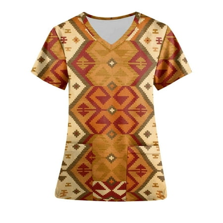 

ZQGJB Vintage Scrub Tops for Women Ethnic Style Aztec Print Short Sleeve Nursing Uniform with Pocket Comfy V-Neck Loose Relaxed Fitted Tunic Blouse Khaki L