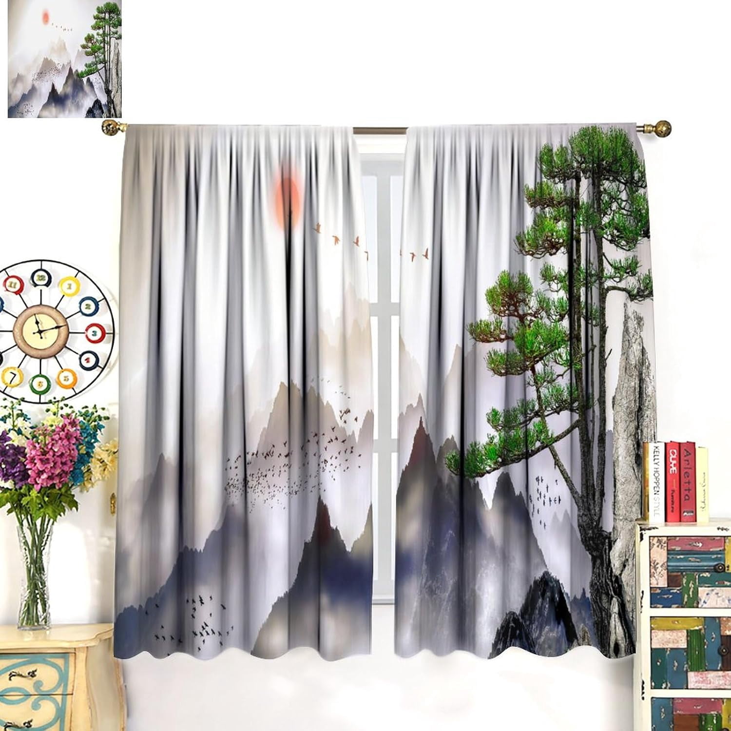 Asian Kitchen Curtains Traditional Chinese Ink Landscape Painting Green Branches and Animal Birds for Living Room Bedroom Blackout Privacy Noise Reduction Curtains 42x63 Inches 2 Panels