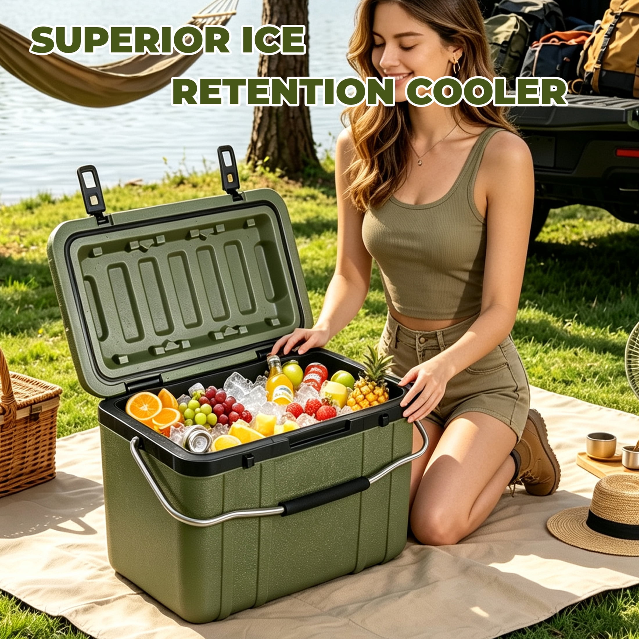 Noble House 25 Quart Outdoor Hard Shell Insulated Cooler, Ultra-Light Heavy-Duty Design for Camping, Tailgating, Green