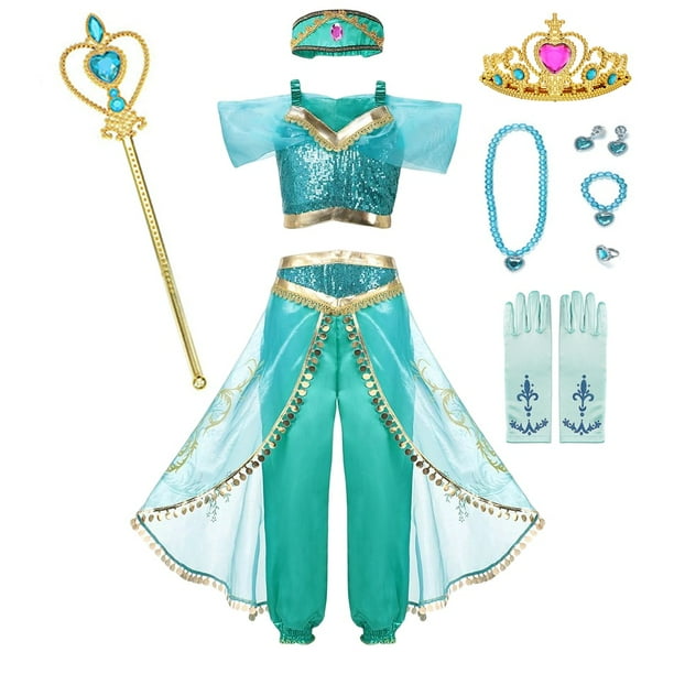 Jasmine Dress of Girl Birthday Party Carnival Fantasy Cosplay Disney Aladdin agic Lamp Moana Elena Princess Costume Clothing Set7-8T (140) Gao Jinjia LED
