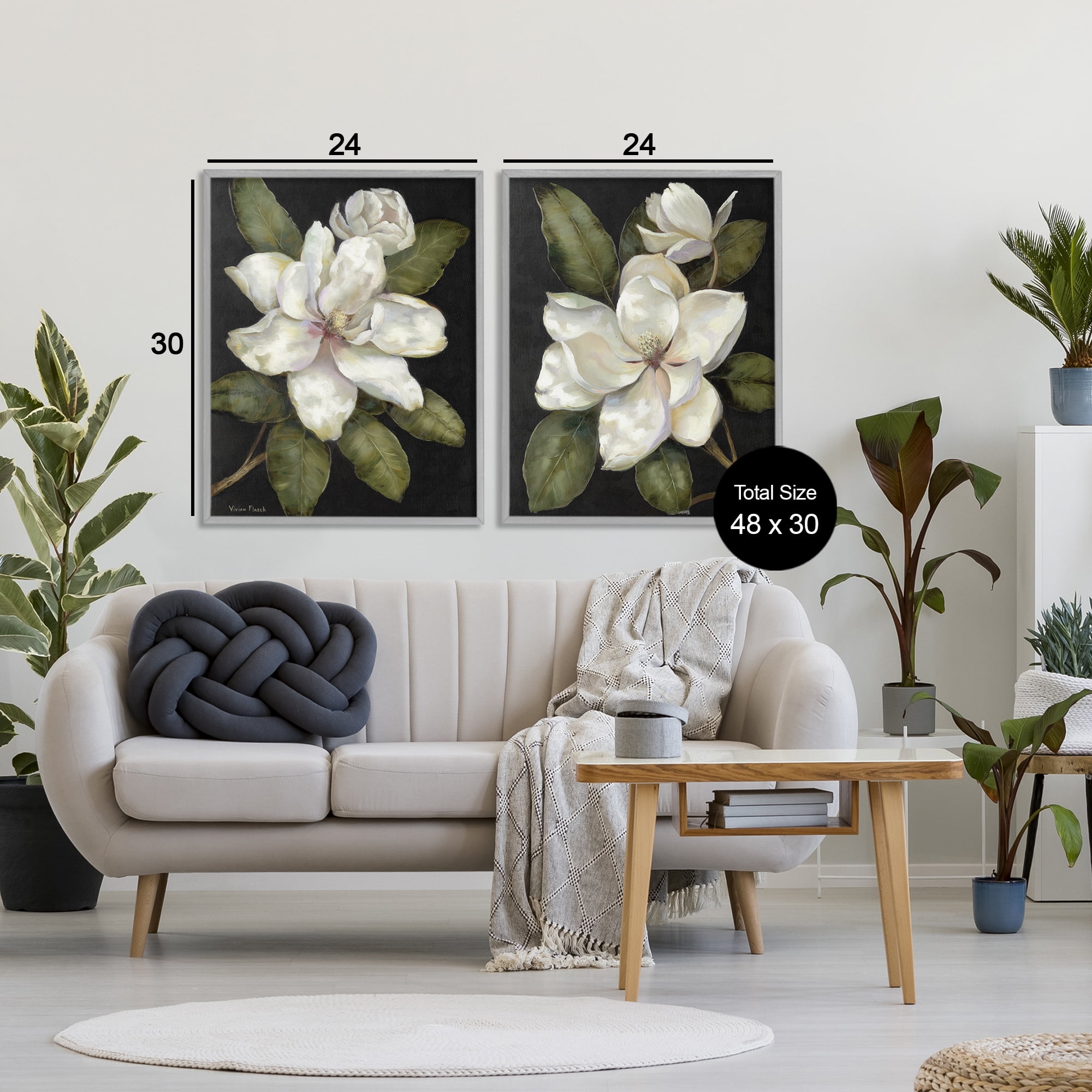 Stupell Industries Magnolia Buds & Blooms 2 Piece Gray Framed Giclee Art Set, design by Nan